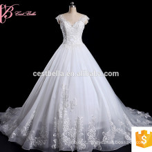 China Guangzhou fábrica Branco Cetim V Pescoço V Voltar Flor Lace Appliques Vestido de casamento vestido de bola 2017